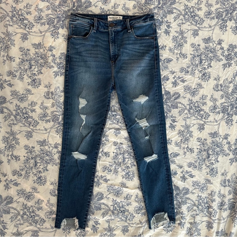 Ripped High Rise Super Skinny Ankle, Medium Wash with Chewed Hem, 28 Short
